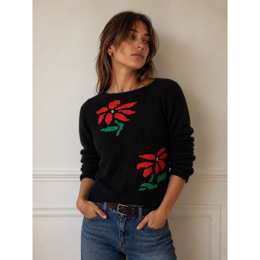 Robert Scott Ltd Vintage Lambswool Angora Poinsettia Holiday Sweater Black. 36